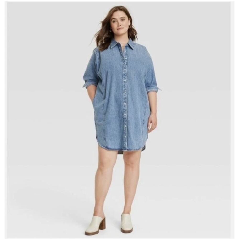 Women's Long Sleeve Denim Mini Shirtdress - Universal Thread™ Blue XL NWT